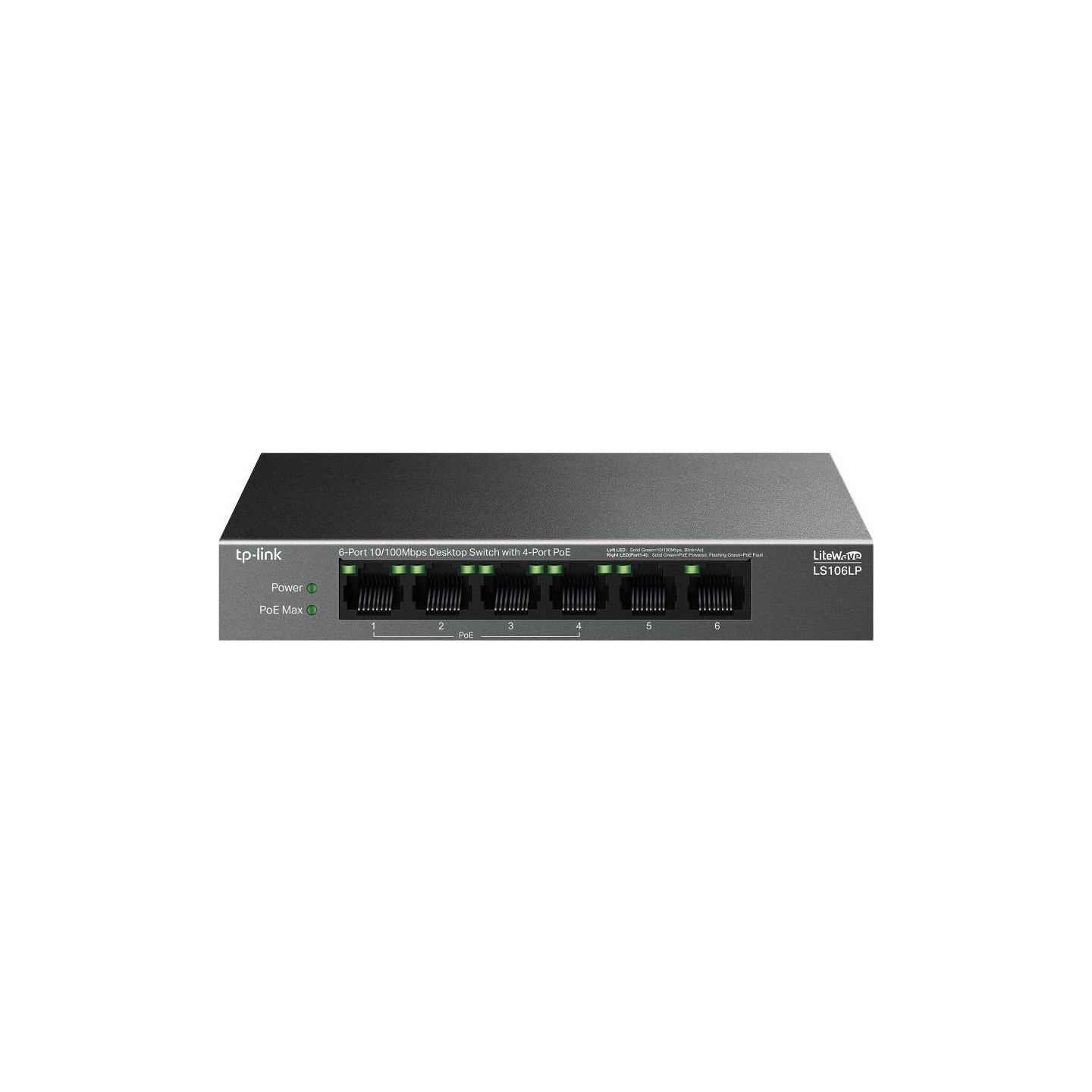 Tp-Link | 6-Port 10/100 Mbps Desktop Switch with 4-Port PoE | LS106LP | Unmanaged | Desktop