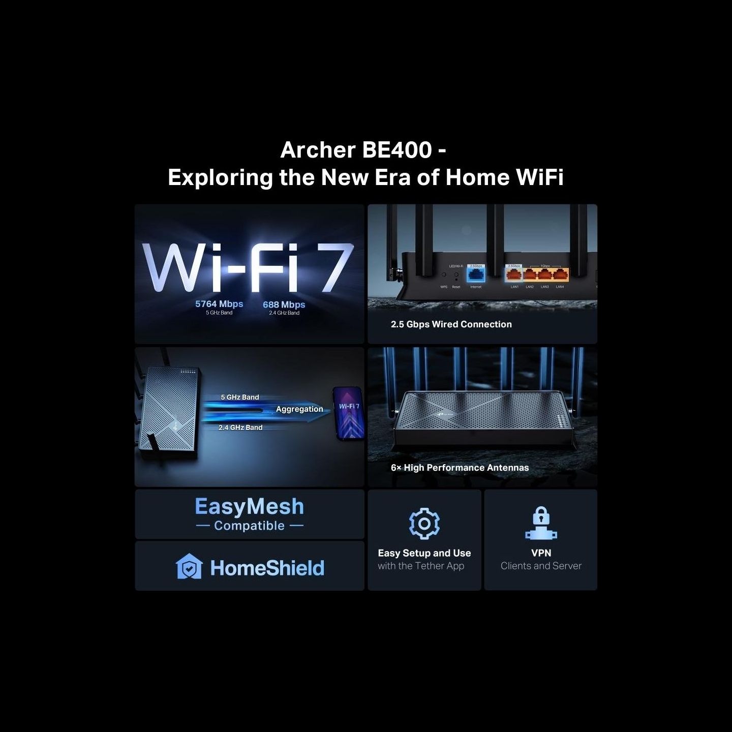 Tp-Link Wireless Router|TP-LINK|Archer BE400|Wi-Fi 7 (802.11be)|Data speed 5764 Mbit/s|Ethernet WAN Yes|WAN connection type RJ-4