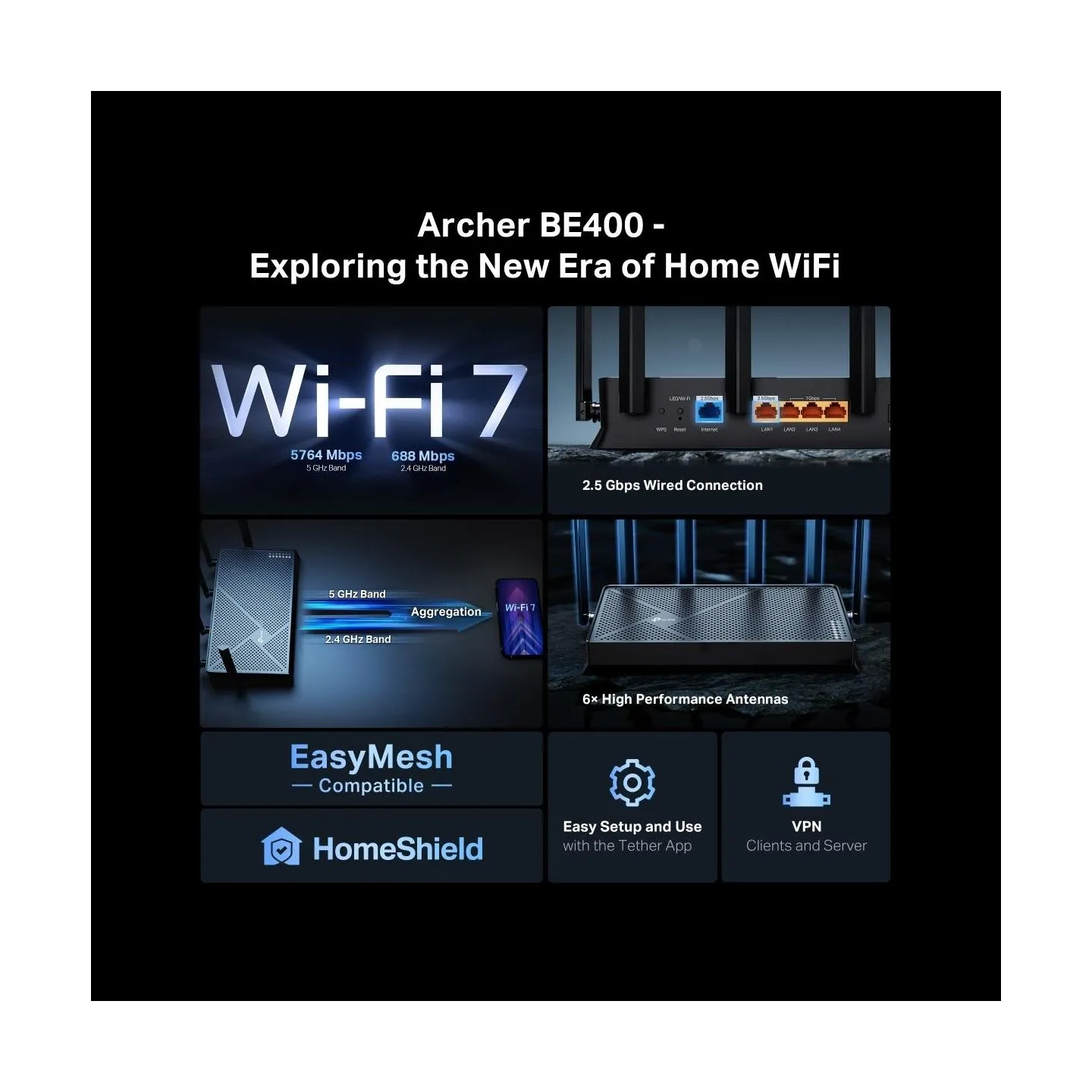 Tp-Link Wireless Router|TP-LINK|Archer BE400|Wi-Fi 7 (802.11be)|Data speed 5764 Mbit/s|Ethernet WAN Yes|WAN connection type RJ-4