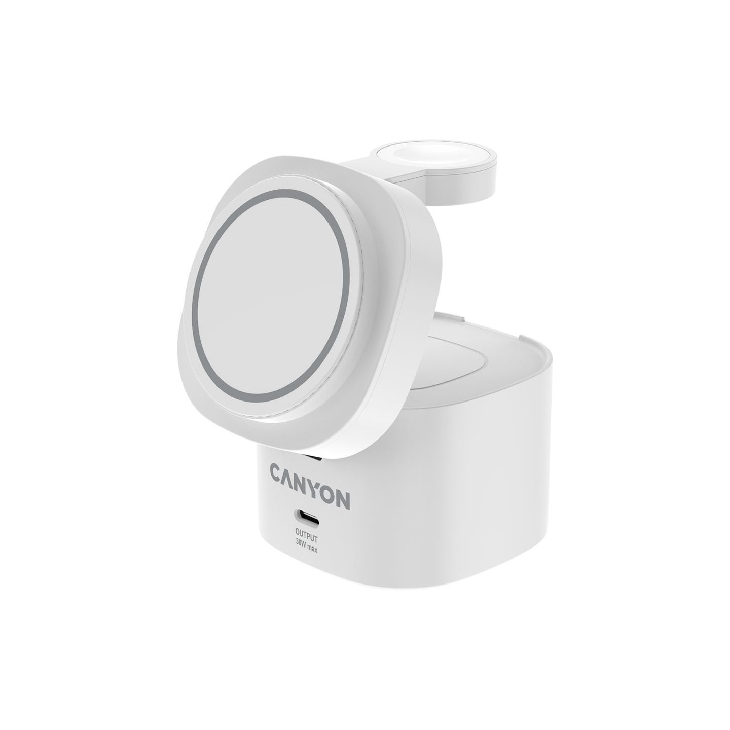 Canyon 4 in 1 Wireless Charging Stand, 30W max, Size: 70x70x70.3mm, weight: 414g, with 65W charger and 1M cable, white