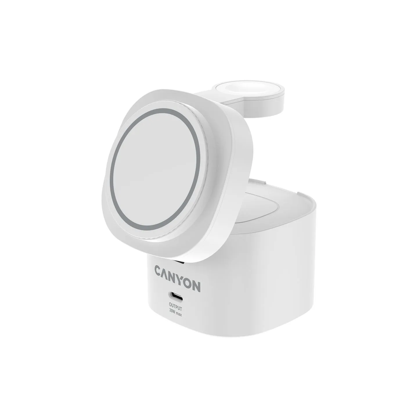Canyon 4 in 1 Wireless Charging Stand, 30W max, Size: 70x70x70.3mm, weight: 414g, with 65W charger and 1M cable, white