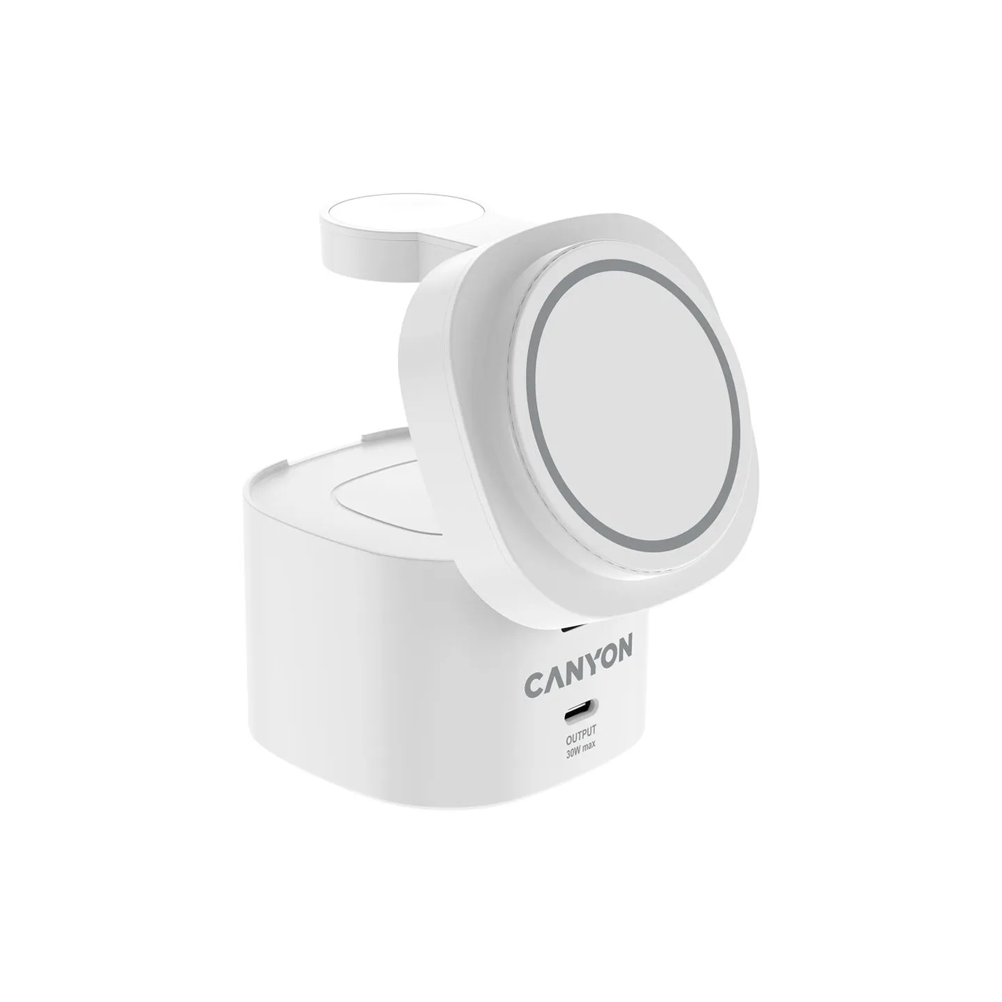 Canyon 4 in 1 Wireless Charging Stand, 30W max, Size: 70x70x70.3mm, weight: 414g, with 65W charger and 1M cable, white