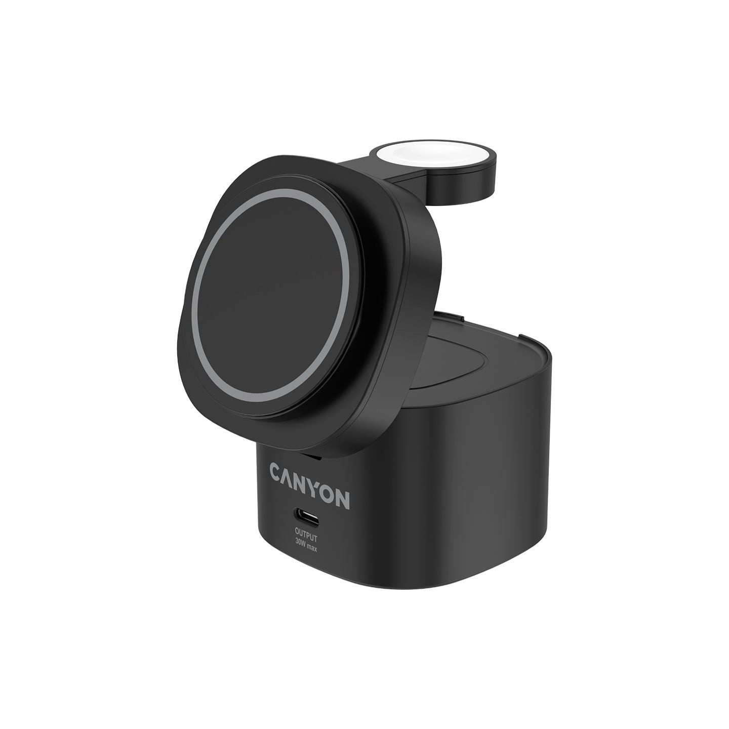 Canyon 4 in 1 Wireless Charging Stand, 30W max, Size: 70x70x70.3mm, weight: 414g, with 65W charger and 1M cable, black