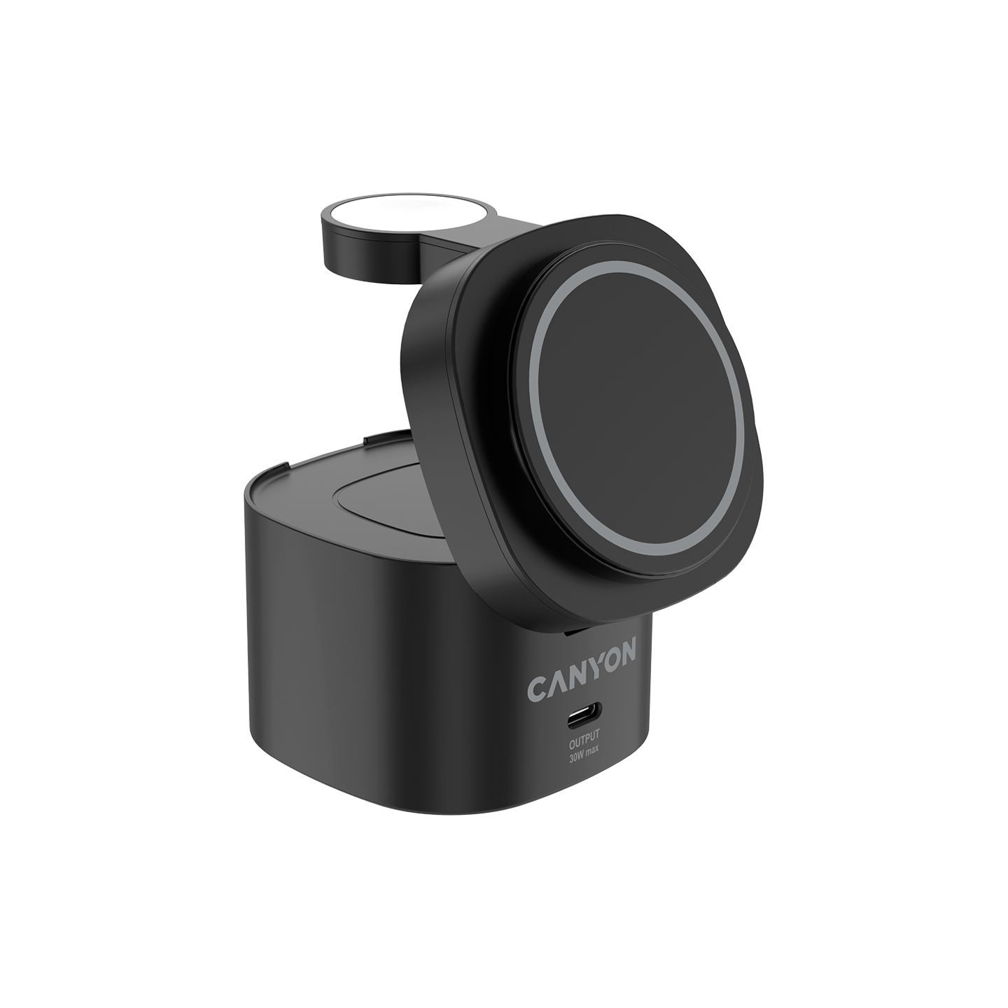 Canyon 4 in 1 Wireless Charging Stand, 30W max, Size: 70x70x70.3mm, weight: 414g, with 65W charger and 1M cable, black