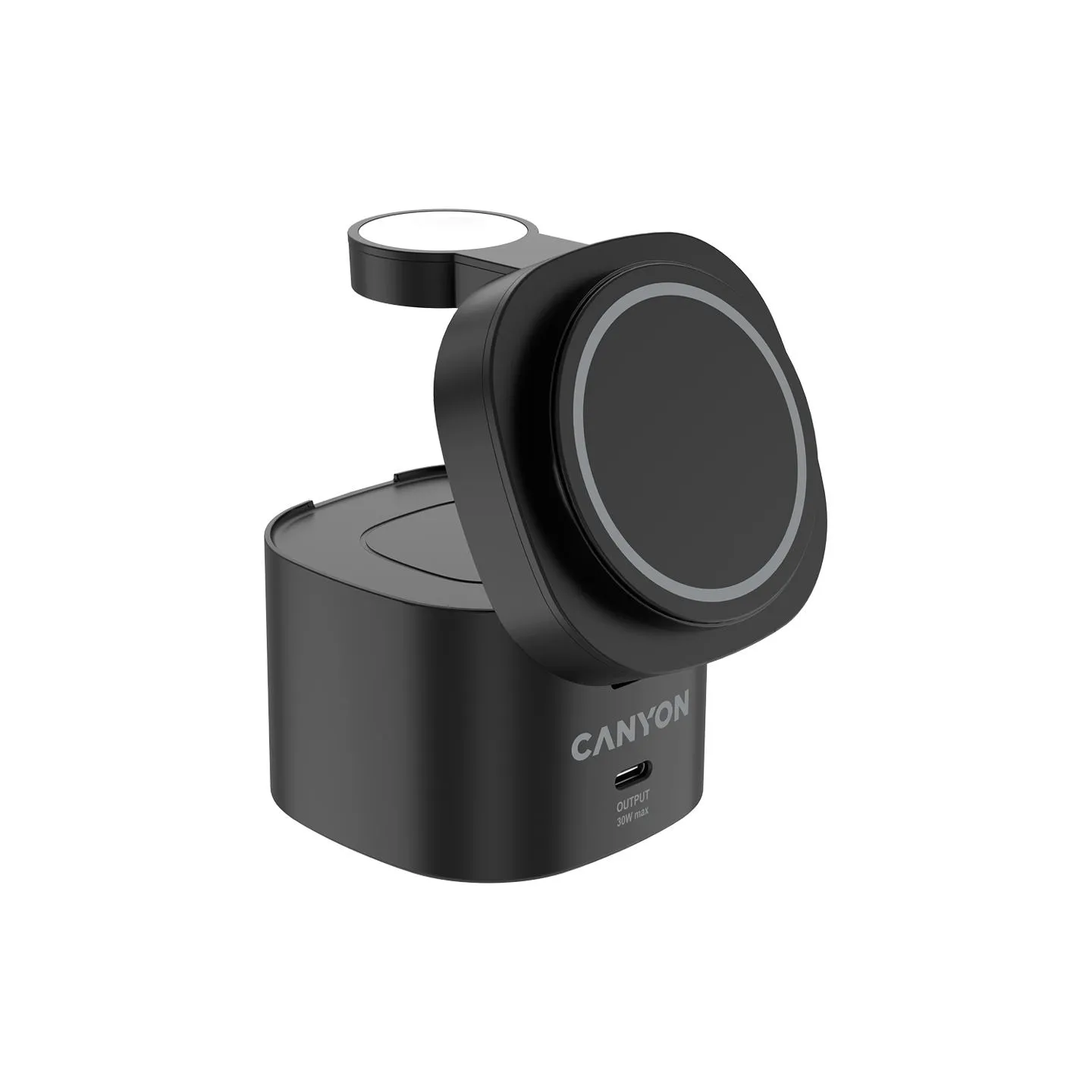 Canyon 4 in 1 Wireless Charging Stand, 30W max, Size: 70x70x70.3mm, weight: 414g, with 65W charger and 1M cable, black