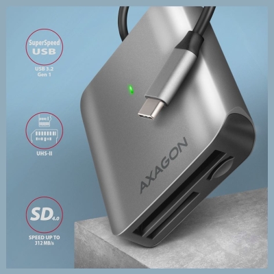 Axagon Aluminum high-speed USB-C 3.2 Gen 1 memory card reader. 3 slots, UHS-II.