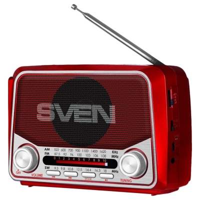 Sven Speaker SVEN SRP-150, red (3W, Bluetooth, FM/AM/SW, USB, microSD, flashlight, battery)
