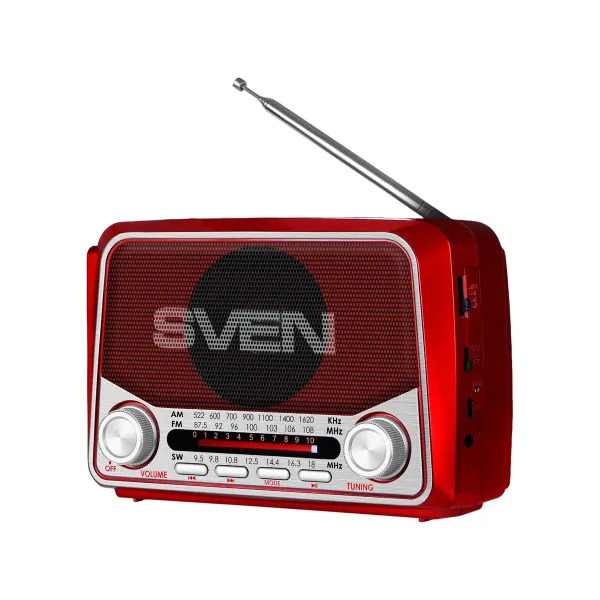 Sven Speaker SVEN SRP-150, red (3W, Bluetooth, FM/AM/SW, USB, microSD, flashlight, battery)