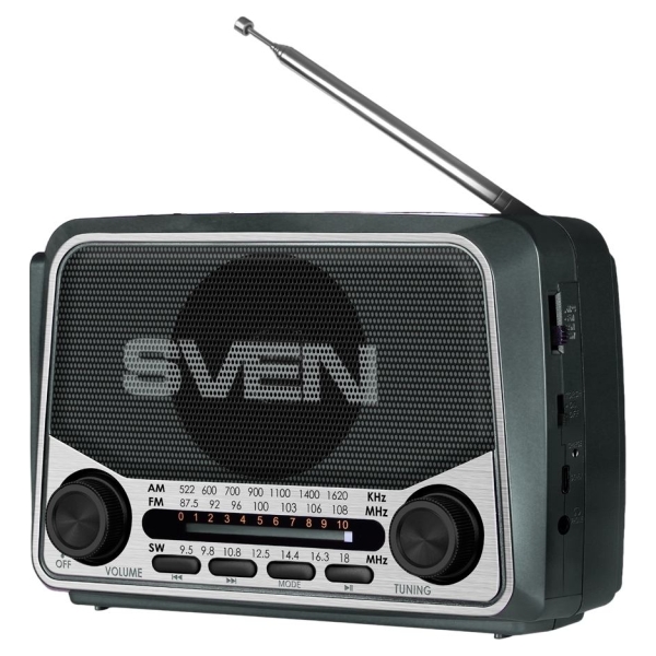 Sven Speaker SVEN SRP-150, gray (3W, Bluetooth, FM/AM/SW, USB, microSD, flashlight, battery)