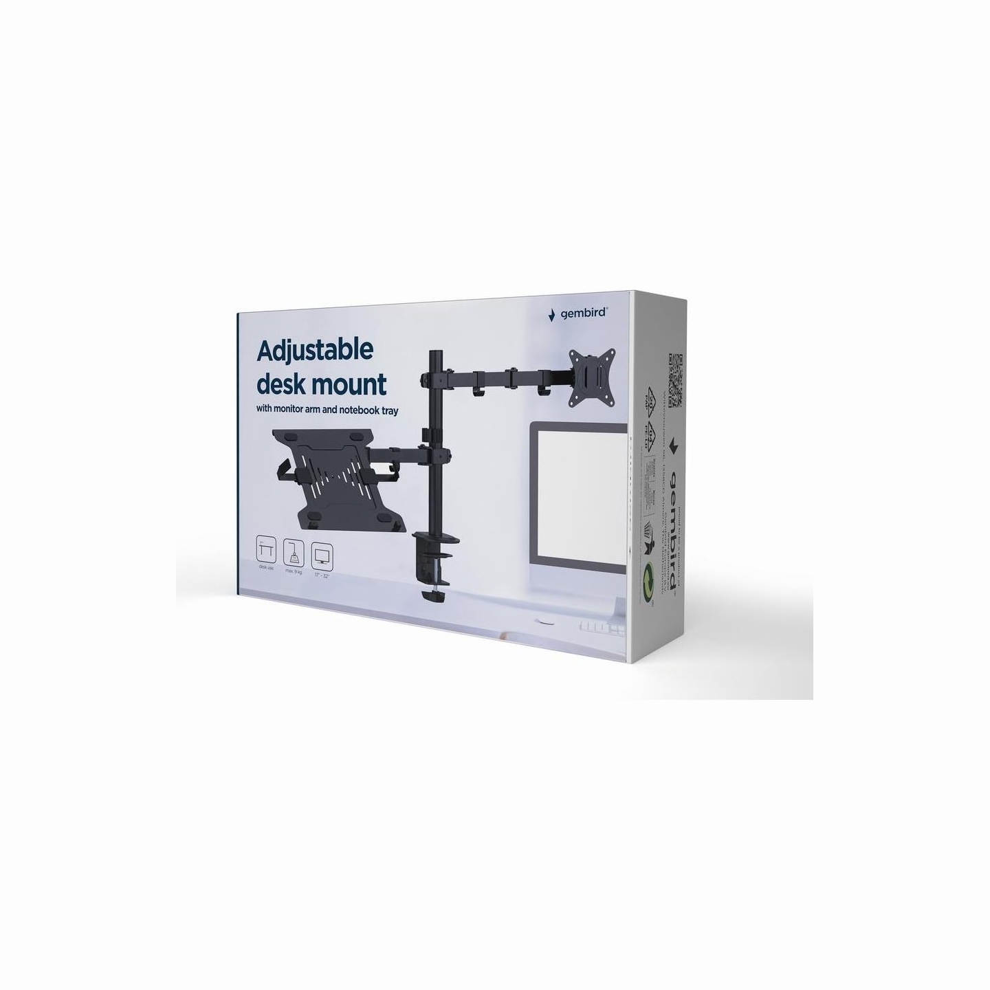 Gembird Adjustable desk mount with monitor arm and notebook tray