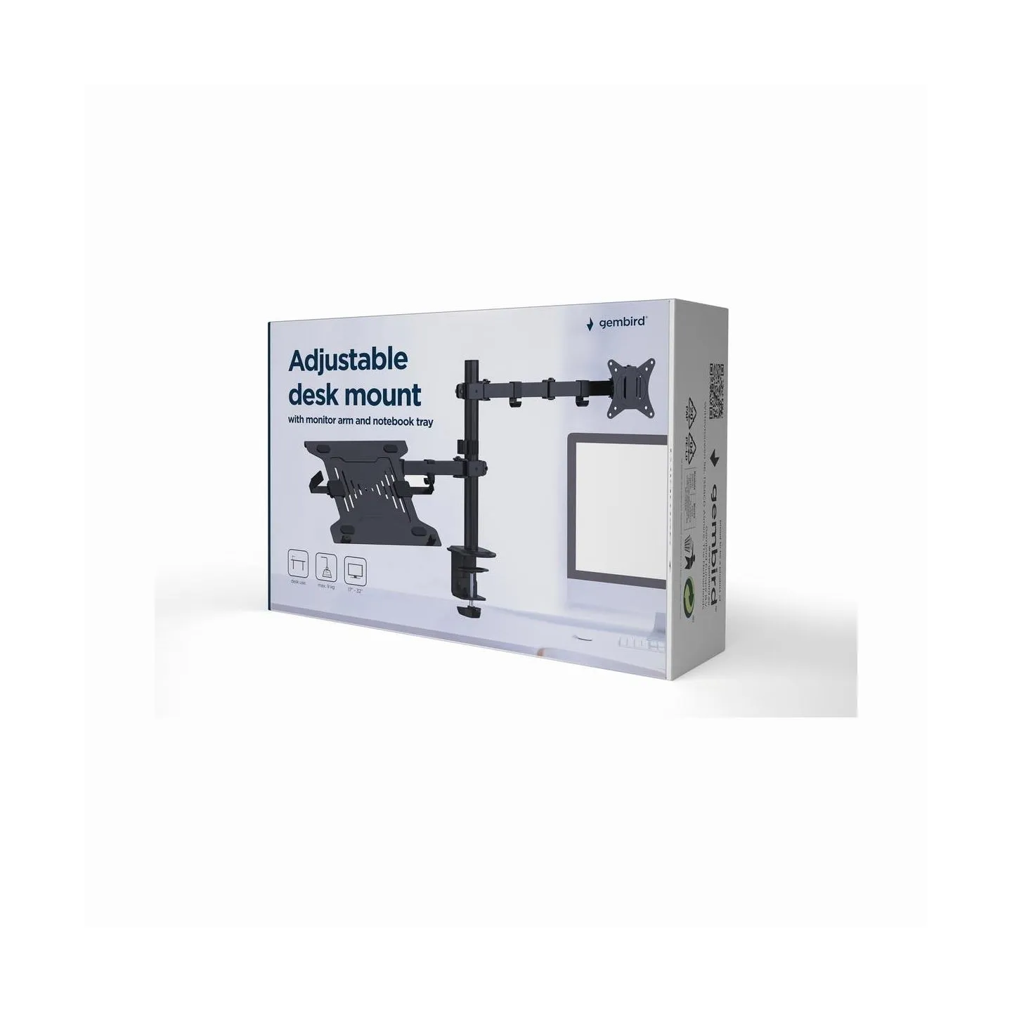 Gembird Adjustable desk mount with monitor arm and notebook tray