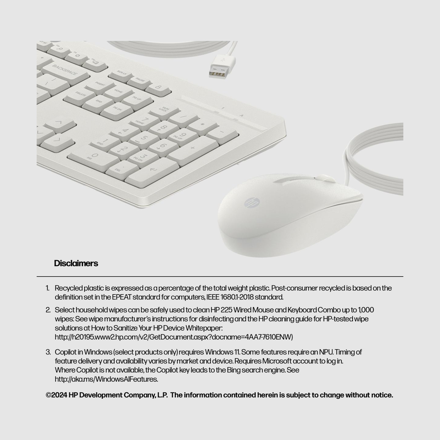 HP 225 G2 USB Wired Mouse Keyboard Combo, Copilot Key - Cashmere White - ESTONIAN / AW5S6AA#ARK