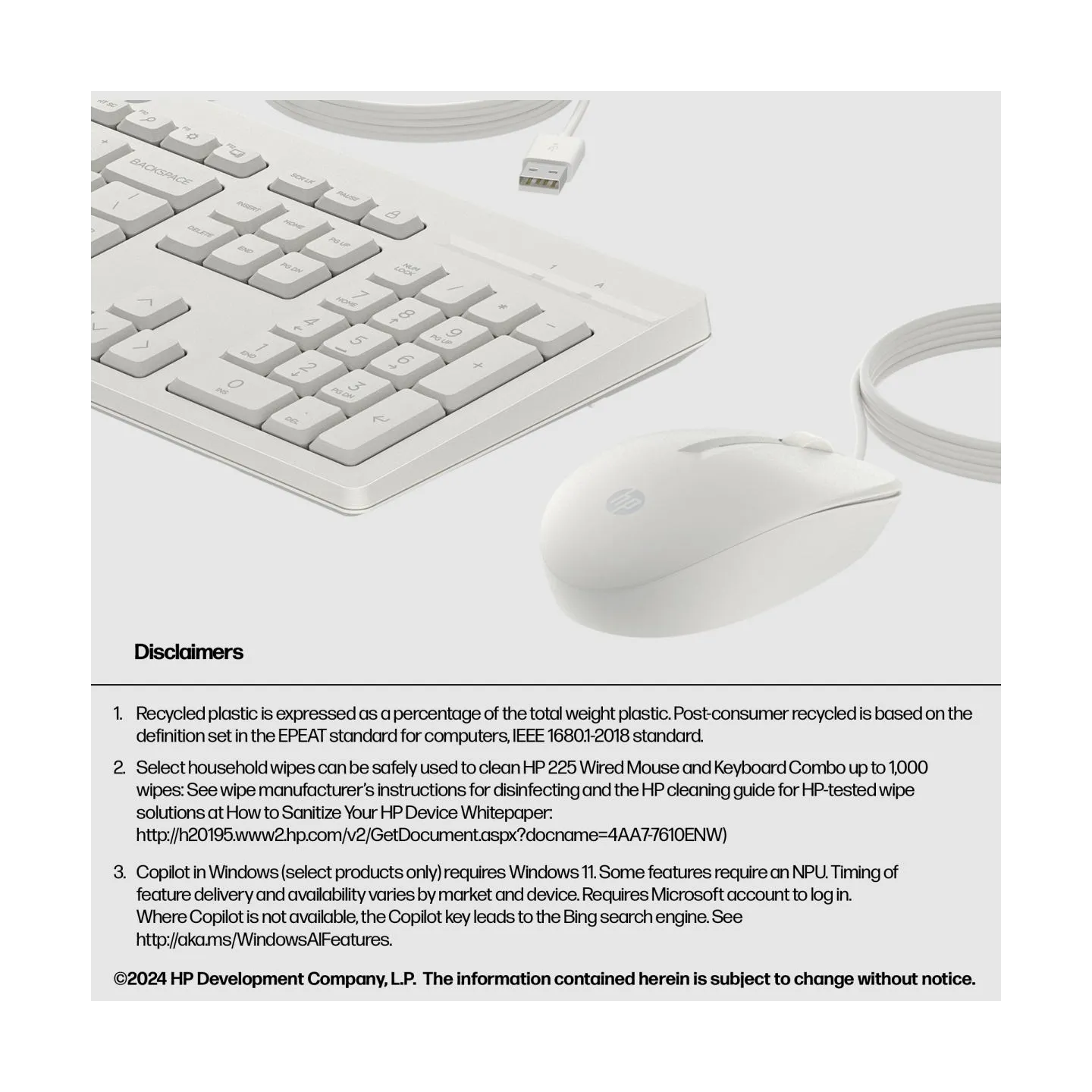 HP 225 G2 USB Wired Mouse Keyboard Combo, Copilot Key - Cashmere White - ESTONIAN / AW5S6AA#ARK