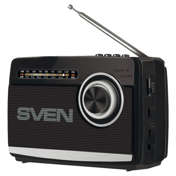 Sven Speaker SVEN SRP-155, black (3W, Bluetooth, FM/AM/SW, USB, microSD, flashlight, battery)