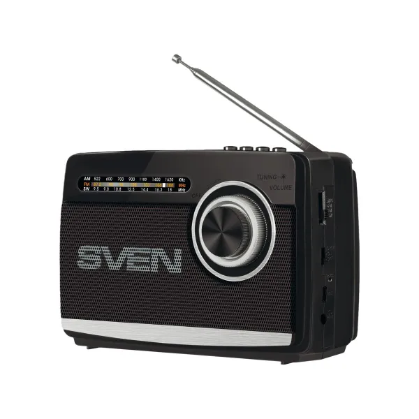 Sven Speaker SVEN SRP-155, black (3W, Bluetooth, FM/AM/SW, USB, microSD, flashlight, battery)