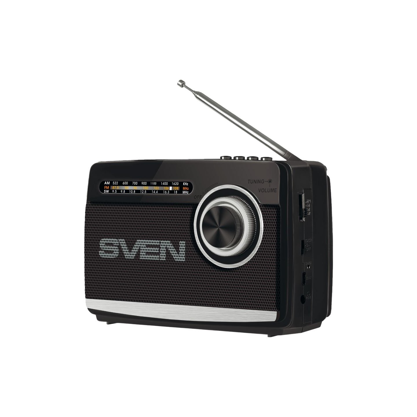 Sven Speaker SVEN SRP-155, black (3W, Bluetooth, FM/AM/SW, USB, microSD, flashlight, battery)