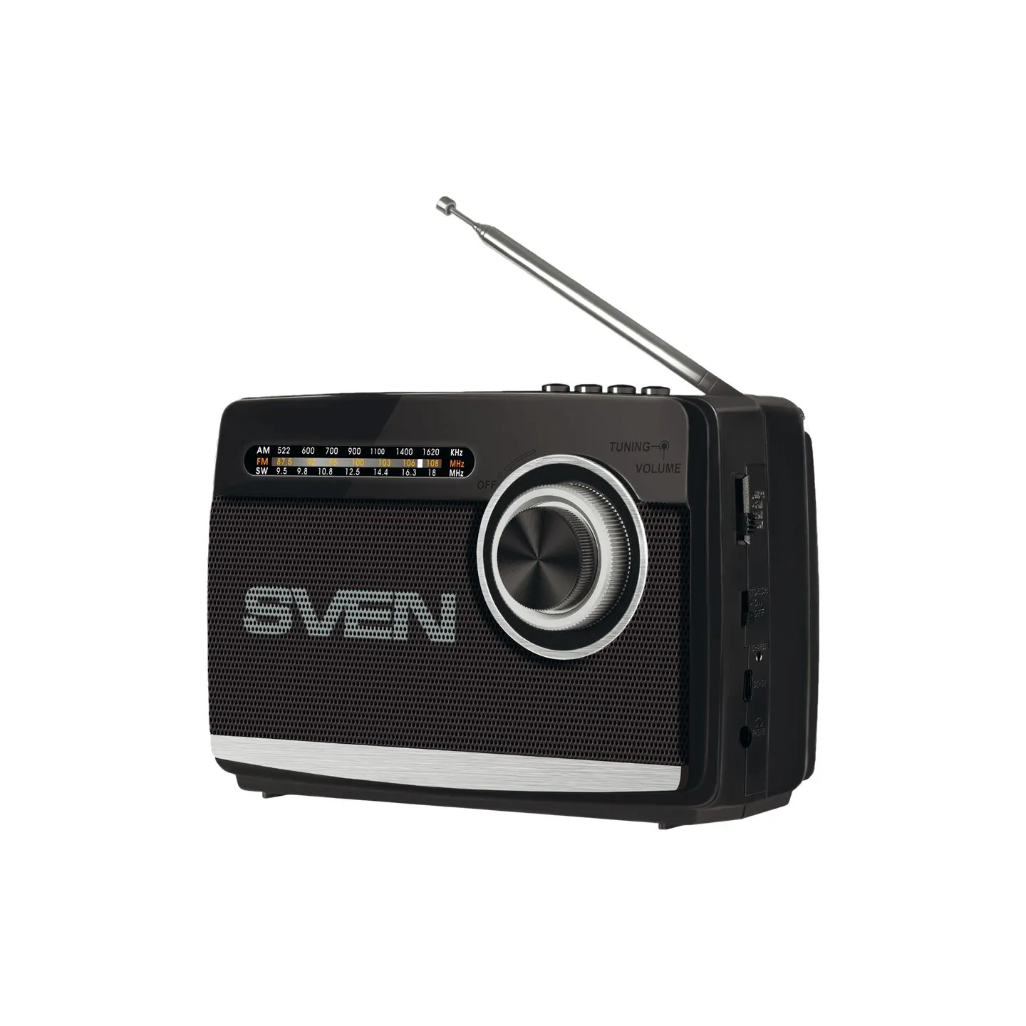 Sven Speaker SVEN SRP-155, black (3W, Bluetooth, FM/AM/SW, USB, microSD, flashlight, battery)