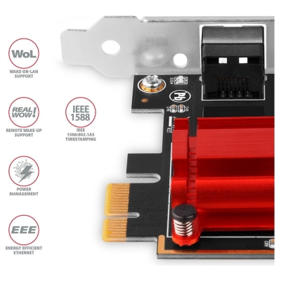 Axagon PCI-Express network card with 2.5 Gbit/s transmission rate and PXE support.