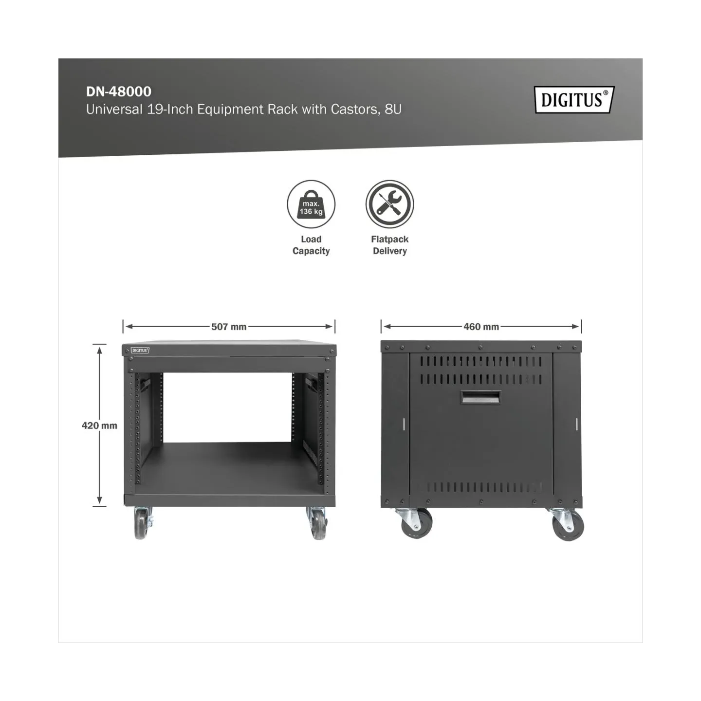 Digitus Universal 19-Inch Equipment Rack with Castors, 8U | DN-48000