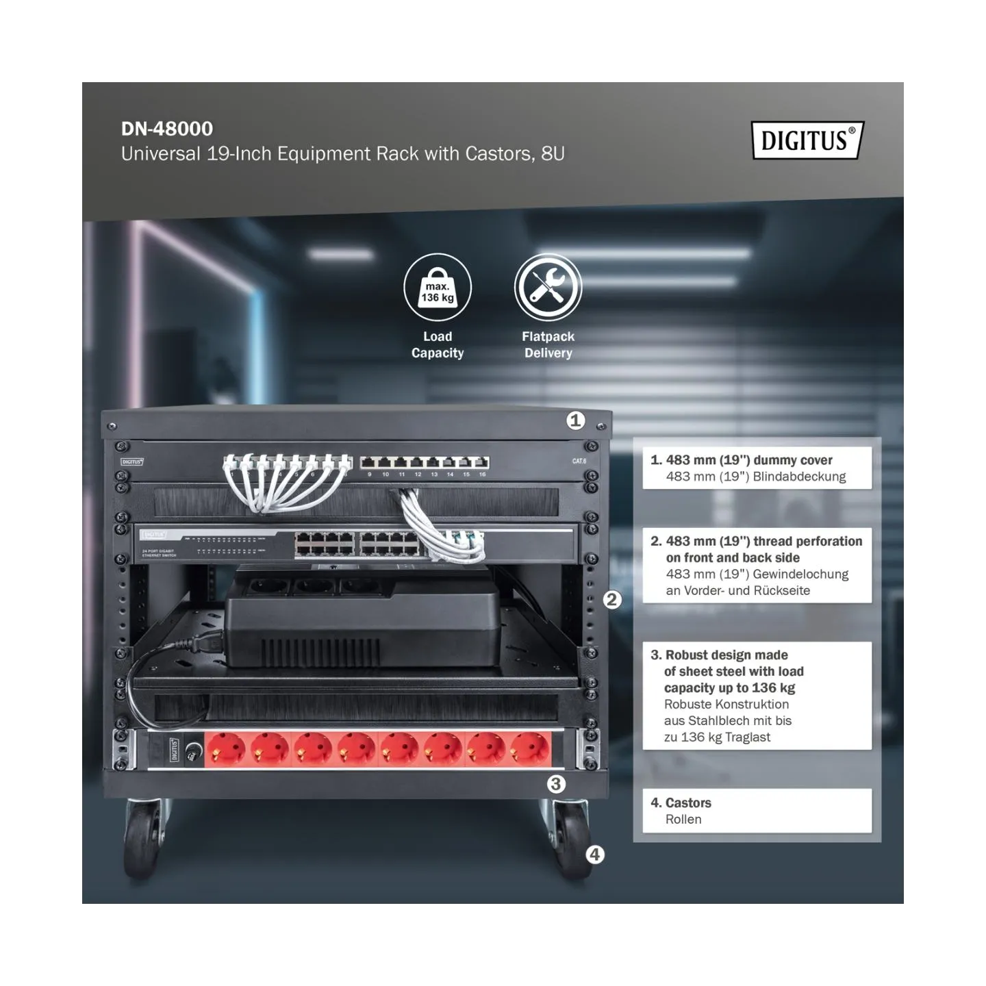 Digitus Universal 19-Inch Equipment Rack with Castors, 8U | DN-48000
