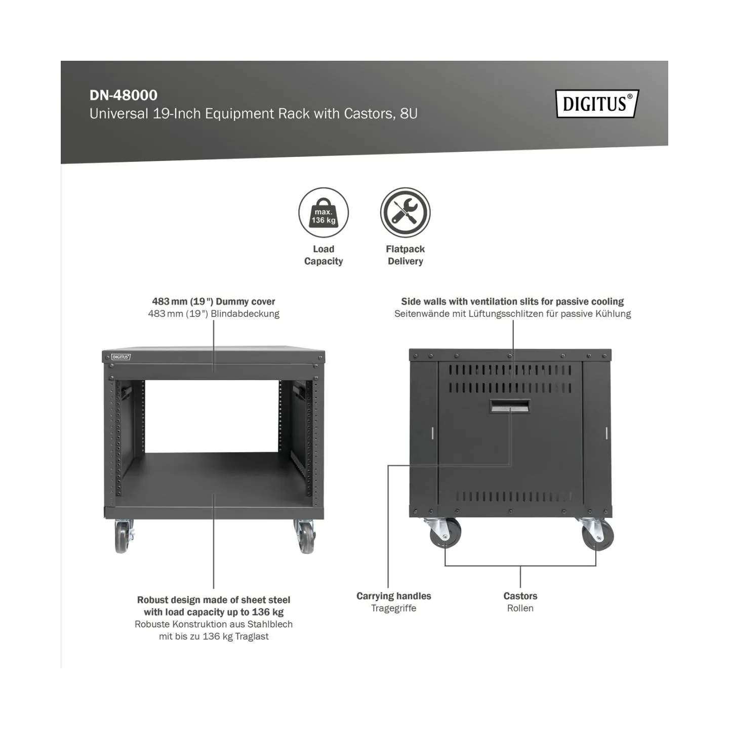 Digitus Universal 19-Inch Equipment Rack with Castors, 8U | DN-48000