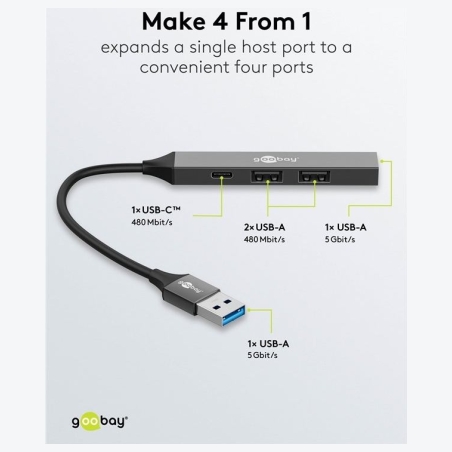 Goobay Slim 4-Port USB Hub, USB-A to USB-C/USB-A, 5 Gbit/s | 74458
