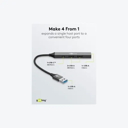 Goobay Slim 4-Port USB Hub, USB-A to USB-C/USB-A, 5 Gbit/s | 74458