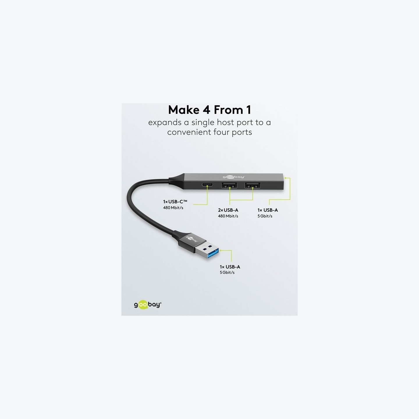 Goobay Slim 4-Port USB Hub, USB-A to USB-C/USB-A, 5 Gbit/s | 74458