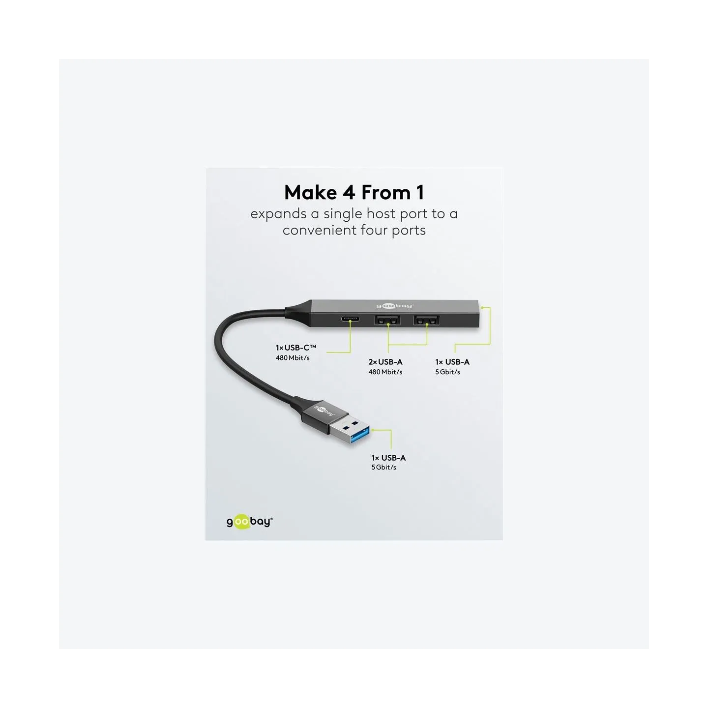Goobay Slim 4-Port USB Hub, USB-A to USB-C/USB-A, 5 Gbit/s | 74458