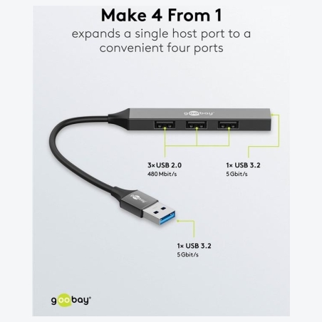 Goobay Slim 4-Port USB Hub, USB-A to USB-A, 5 Gbit/s | 74456