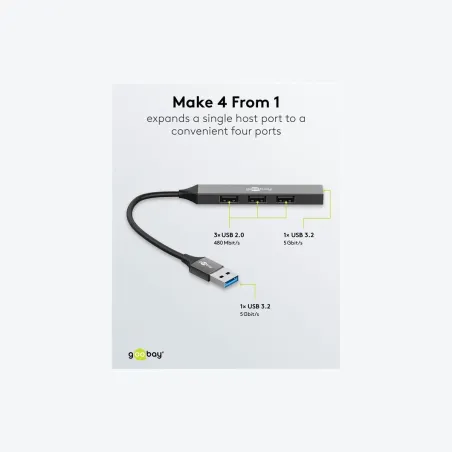 Goobay Slim 4-Port USB Hub, USB-A to USB-A, 5 Gbit/s | 74456