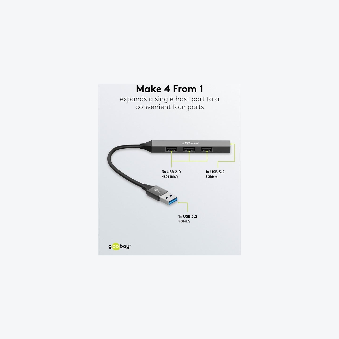 Goobay Slim 4-Port USB Hub, USB-A to USB-A, 5 Gbit/s | 74456