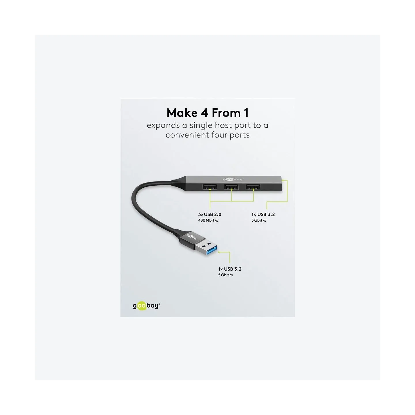 Goobay Slim 4-Port USB Hub, USB-A to USB-A, 5 Gbit/s | 74456
