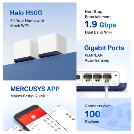 Mercusys AC1900 Whole Home Mesh Wi-Fi System | Halo H50G (2-Pack) | 802.11ac | 600+1300 Mbit/s | Ethernet LAN (RJ-45) ports 3 | 