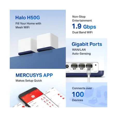 Mercusys AC1900 Whole Home Mesh Wi-Fi System | Halo H50G (2-Pack) | 802.11ac | 600+1300 Mbit/s | Ethernet LAN (RJ-45) ports 3 | 