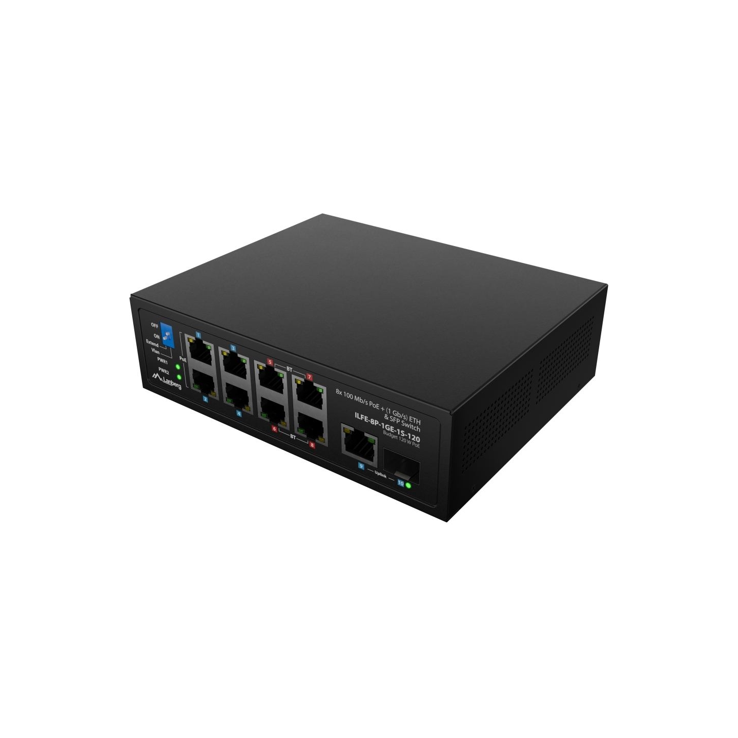 Lanberg Switch PoE 4xBT 4xAT SFP/ETH Din Unmanagment Fast Ethernet | ILFE-8P-1GE-1S-120 | Unmanaged | Din rail, Rack