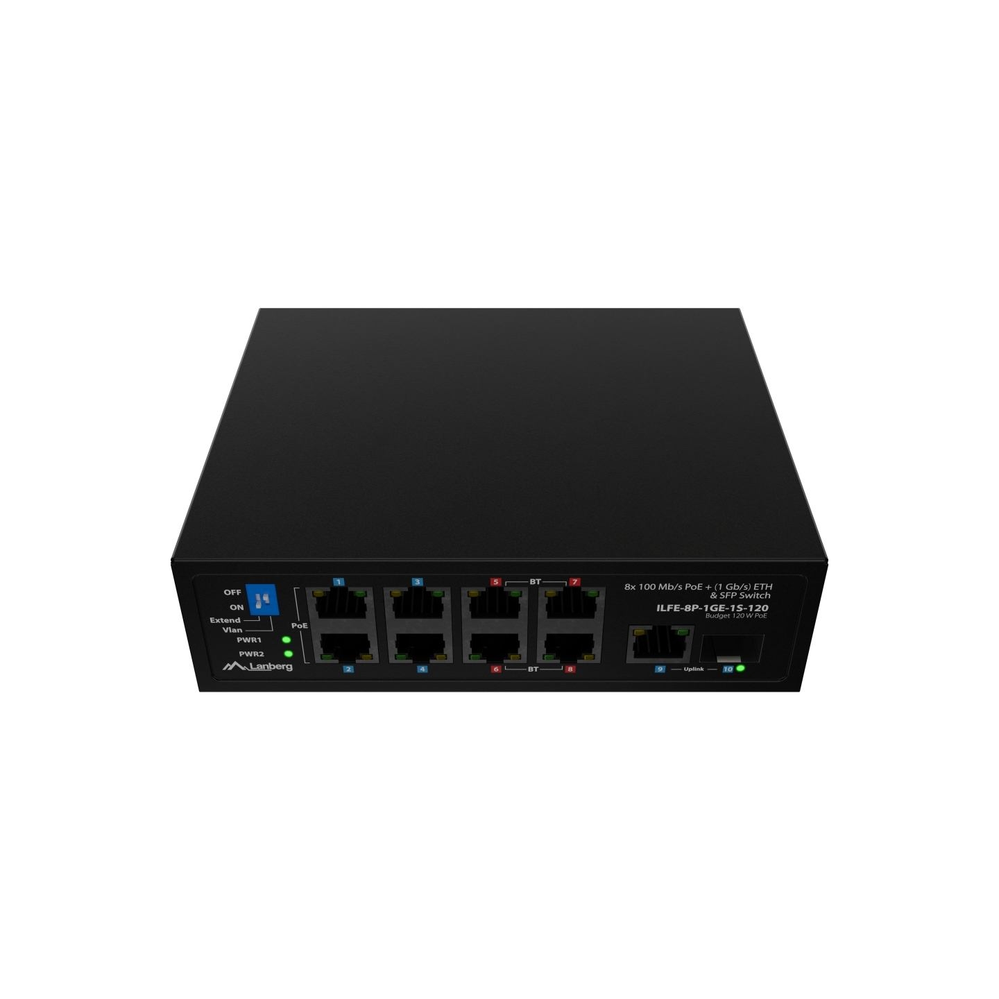 Lanberg Switch PoE 4xBT 4xAT SFP/ETH Din Unmanagment Fast Ethernet | ILFE-8P-1GE-1S-120 | Unmanaged | Din rail, Rack