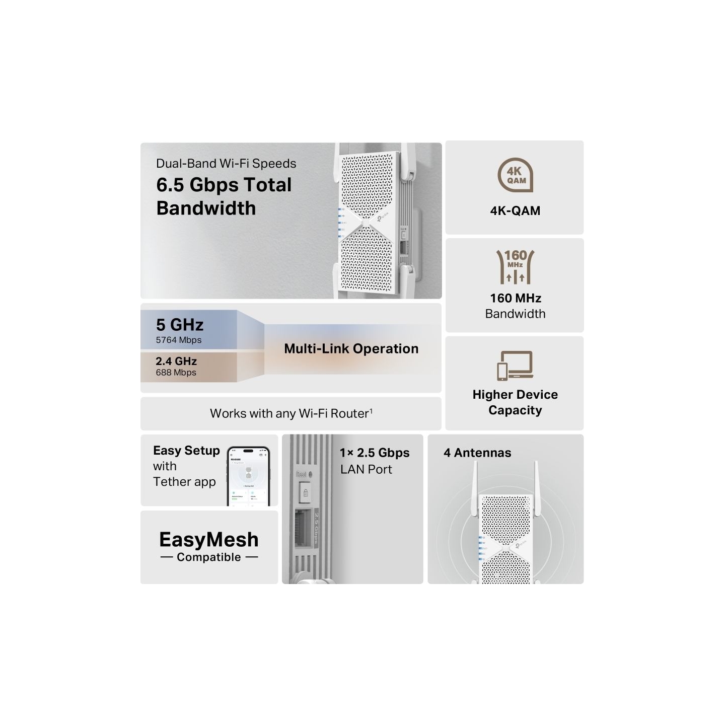 Tp-Link BE6500 Dual-Band Wi-Fi 7 Range Extender | RE405BE | 2.4 GHz, 5 GHz | 802.11ax | 688/5764 Mbit/s | Ethernet LAN (RJ-45) p