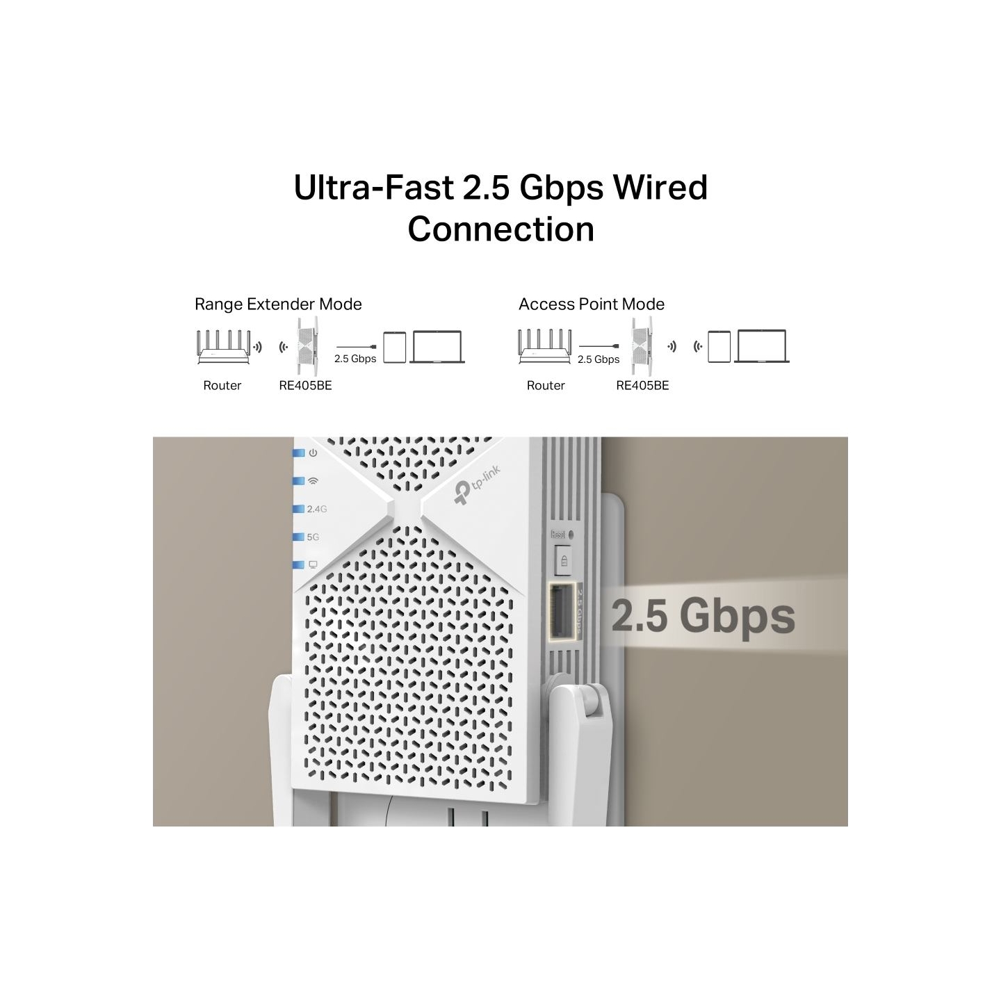 Tp-Link BE6500 Dual-Band Wi-Fi 7 Range Extender | RE405BE | 2.4 GHz, 5 GHz | 802.11ax | 688/5764 Mbit/s | Ethernet LAN (RJ-45) p