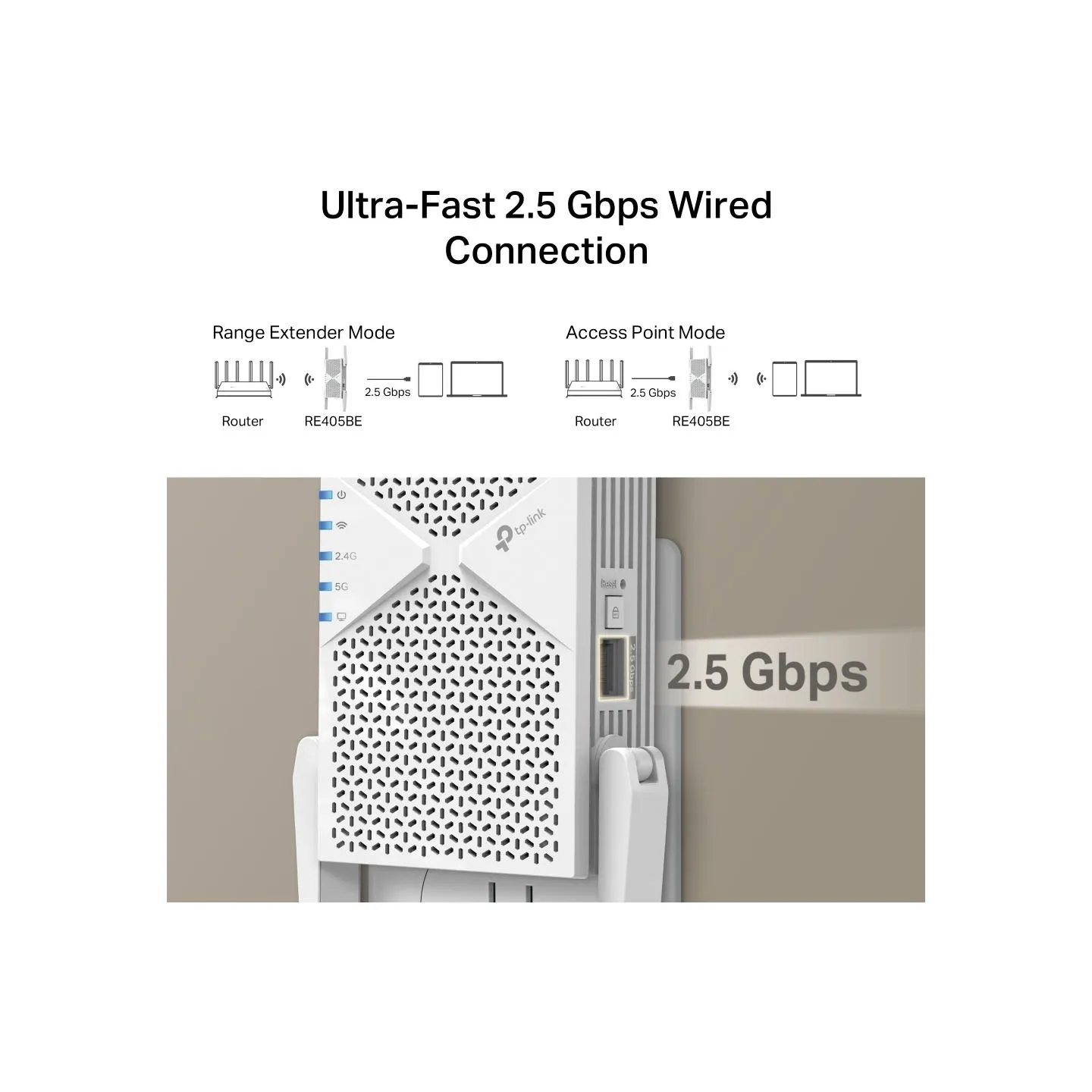 Tp-Link BE6500 Dual-Band Wi-Fi 7 Range Extender | RE405BE | 2.4 GHz, 5 GHz | 802.11ax | 688/5764 Mbit/s | Ethernet LAN (RJ-45) p