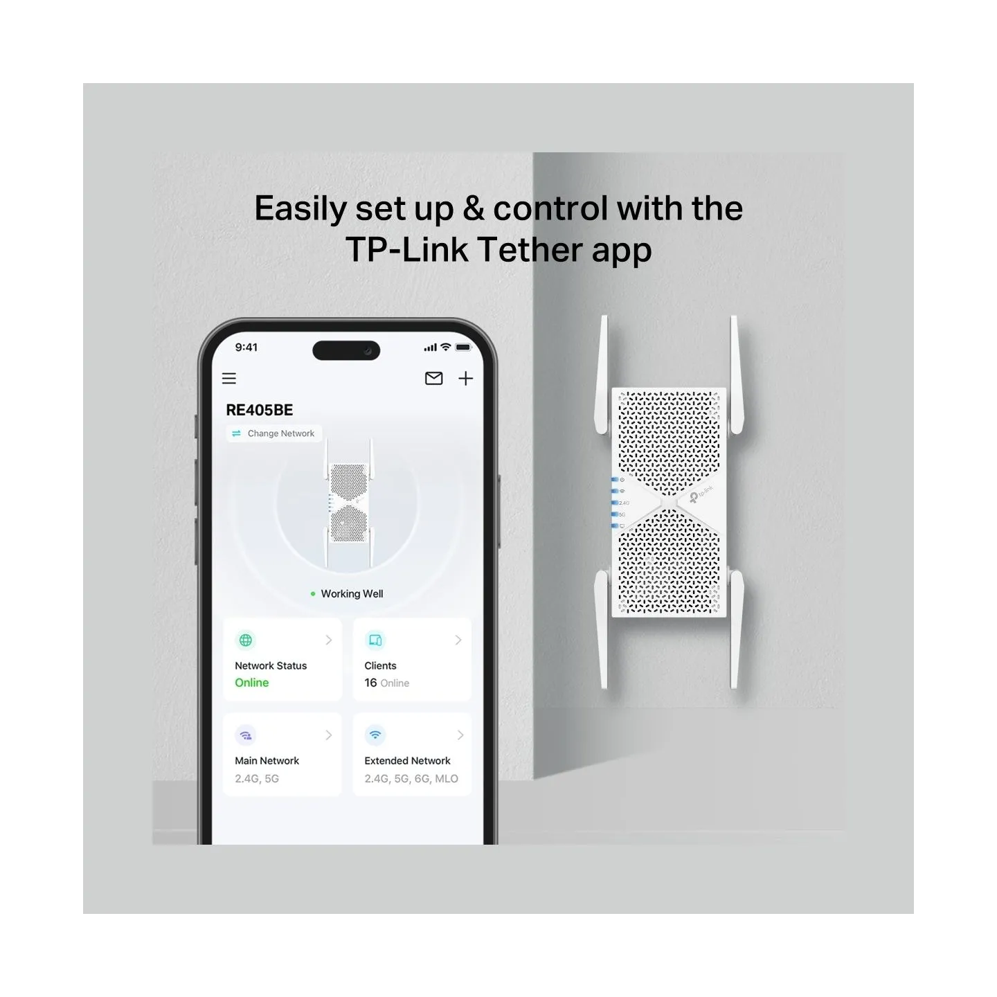 Tp-Link BE6500 Dual-Band Wi-Fi 7 Range Extender | RE405BE | 2.4 GHz, 5 GHz | 802.11ax | 688/5764 Mbit/s | Ethernet LAN (RJ-45) p