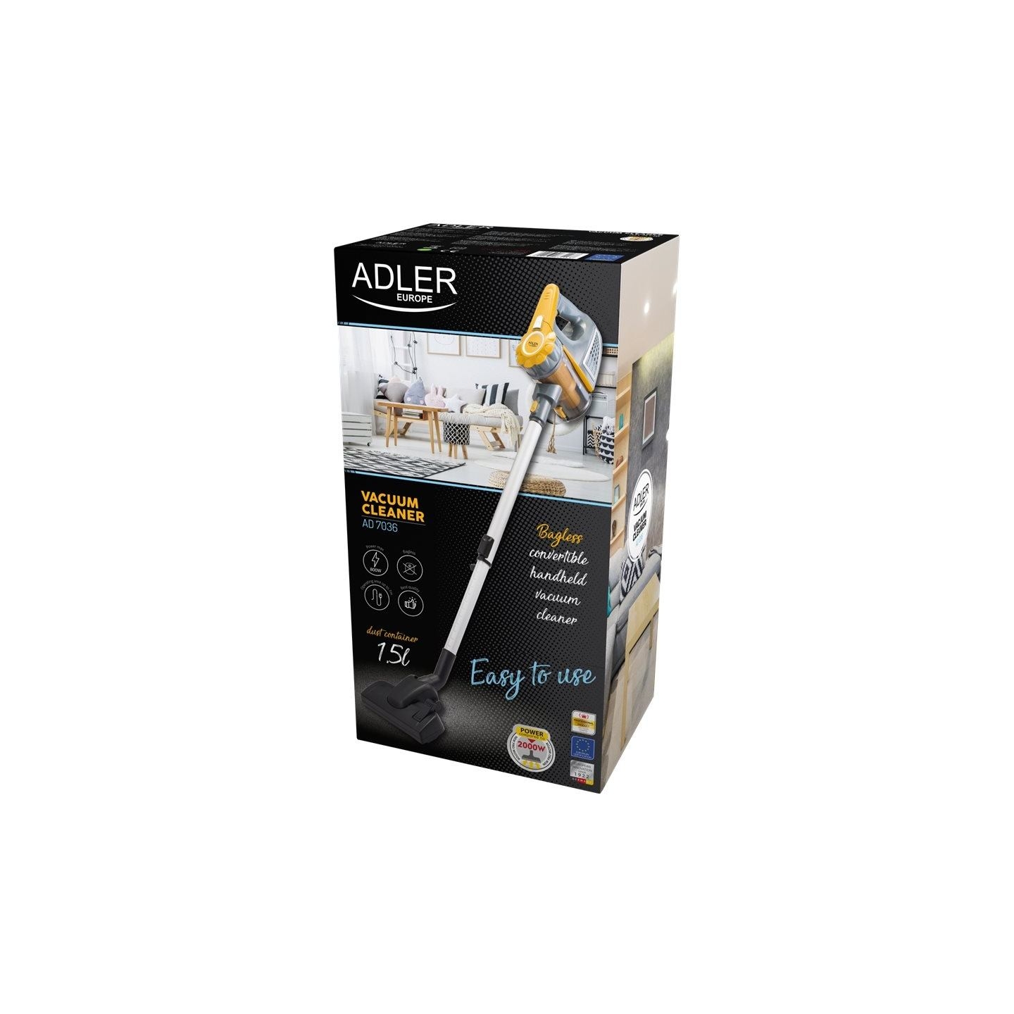 Adler | Vacuum Cleaner | AD 7036 | Corded operating | Handstick and Handheld | 800 W | - V | Operating radius 7 m | Yellow/Grey 