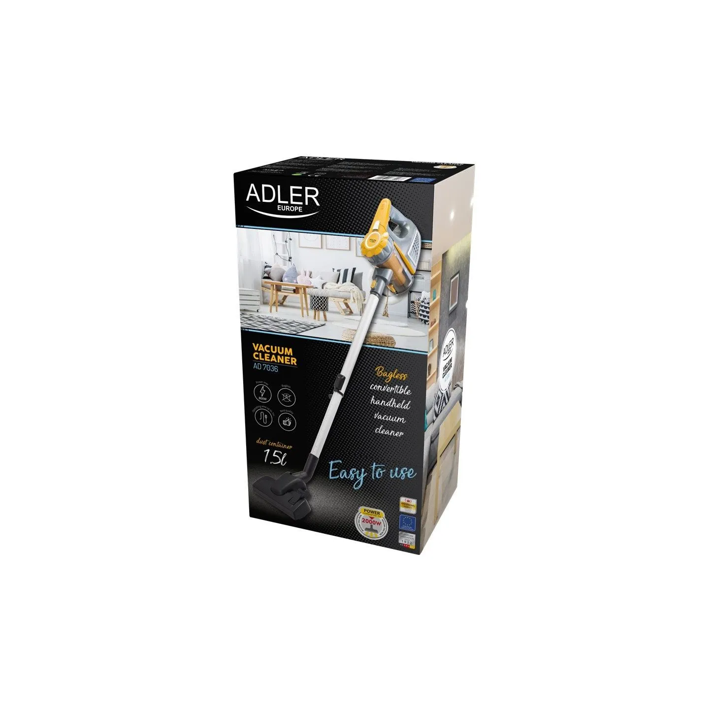 Adler | Vacuum Cleaner | AD 7036 | Corded operating | Handstick and Handheld | 800 W | - V | Operating radius 7 m | Yellow/Grey 