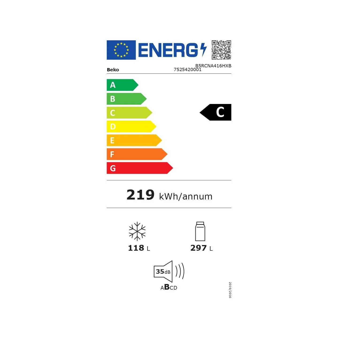 Beko Refrigerator | B5RCNA416HXB | Energy efficiency class C | Free standing | Combi | Height 203.5 cm | No Frost system | Fridg
