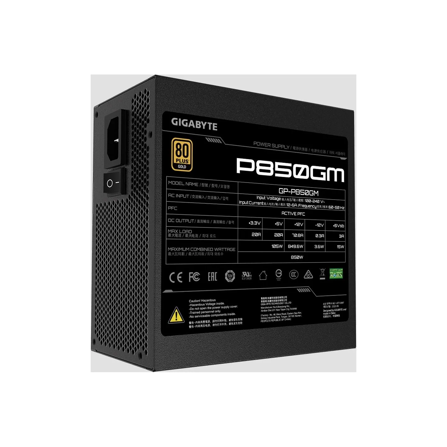 Gigabyte Power Supply|GIGABYTE|850 Watts|Efficiency 80 PLUS GOLD|PFC Active|MTBF 100000 hours|GP-P850GM