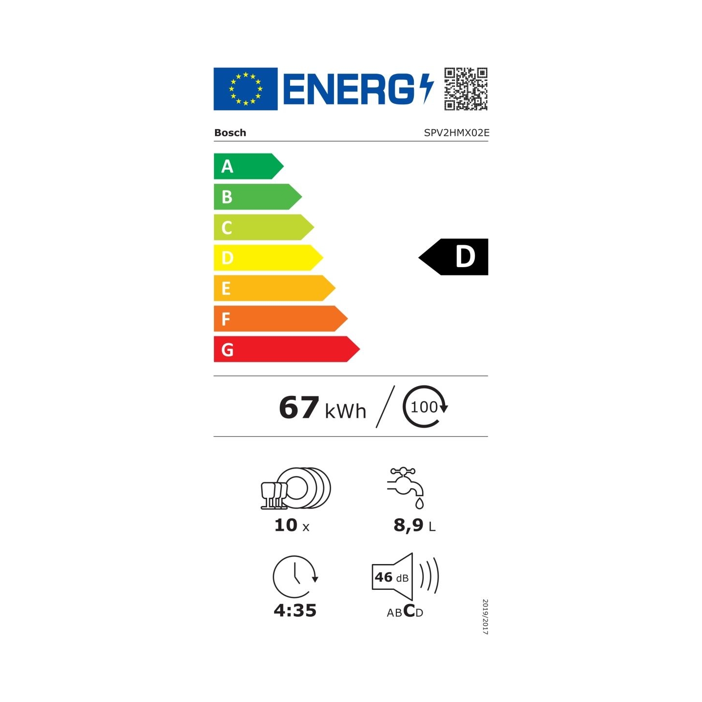 Bosch Built-In Dishwasher SPV2HMX02E, Energy class D, 45 cm / SPV2HMX02E