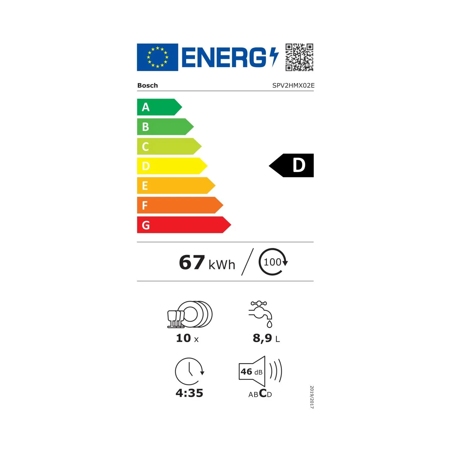 Bosch Dishwasher | SPV2HMX02E | Built-in | Width 45 cm | Number of place settings 10 | Number of programs 5 | Energy efficiency 