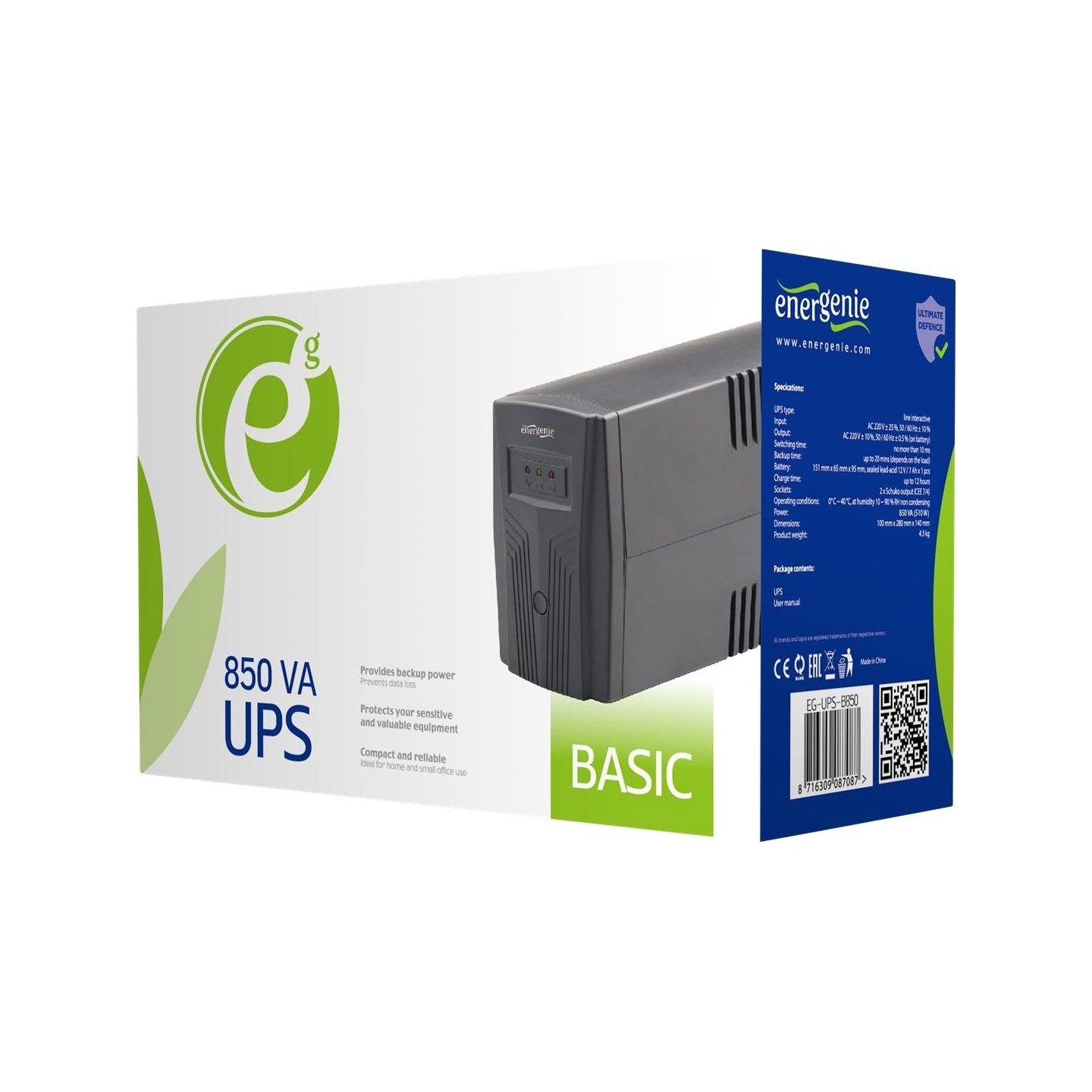 Energenie | EG-UPS-B850 "Basic 850" UPS, Shuko output sockets | 850 VA | 220V±25% V | AC 220V±10% V