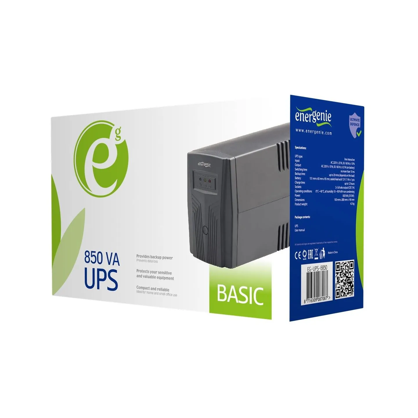 Energenie | EG-UPS-B850 "Basic 850" UPS, Shuko output sockets | 850 VA | 220V±25% V | AC 220V±10% V