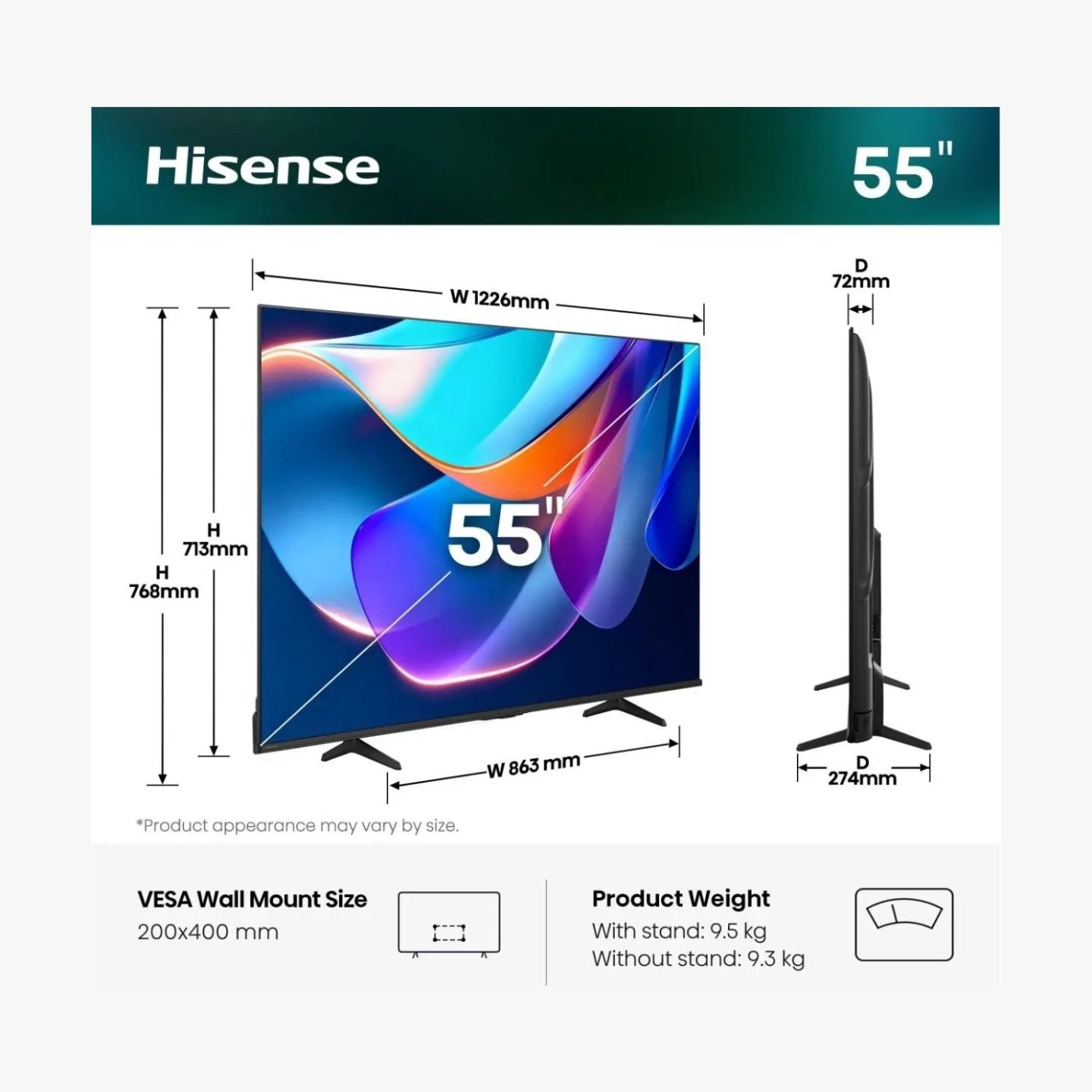 Hisense TV | 55A6S | 55 | Smart TV | VIDAA Smart OS | UHD | Black